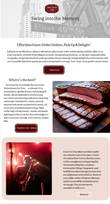 Screenshot of restaurant, it has the home page, colors like red, white and images of stakes